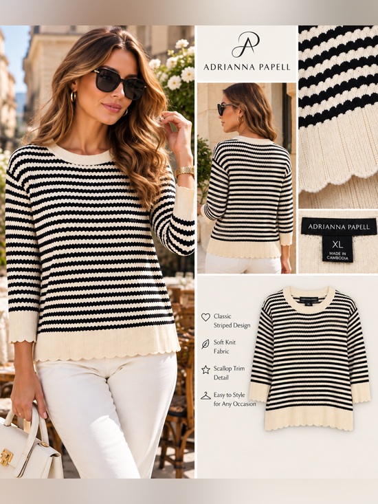 Adrianna Papell Sweaters - Adrianna Papell Black and Cream Striped Scallop-Hem Crewneck Sweater